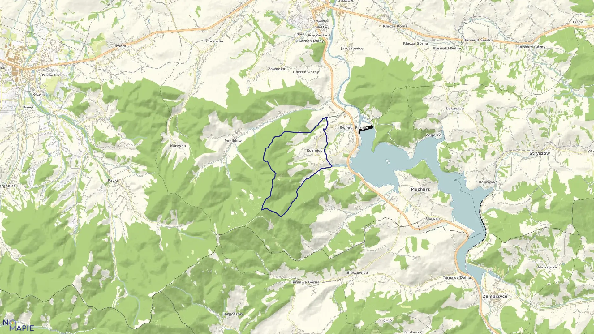 Mapa obrębu Koziniec w gminie Mucharz